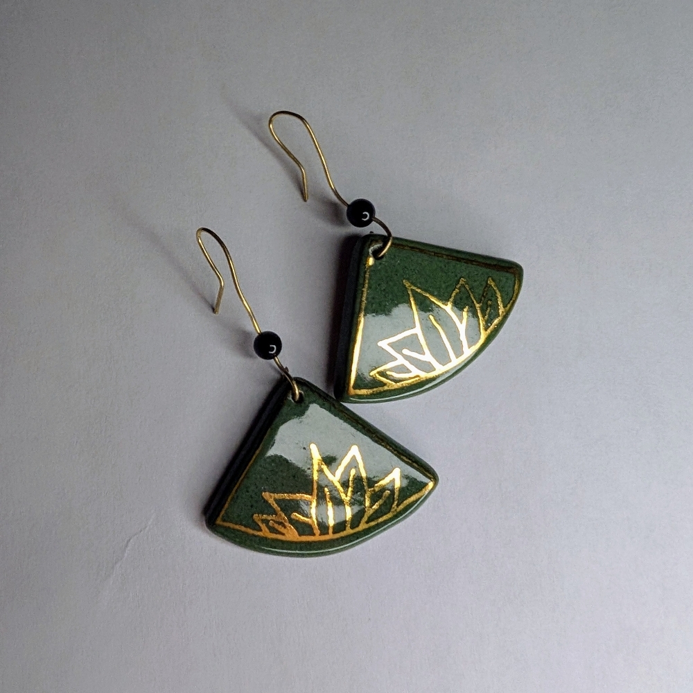 Unique Artisan Pottery Dangle Earrings Green And Gold Colored